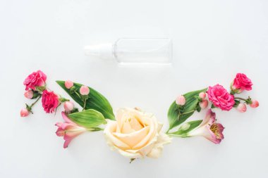 Beyaz arka plan üzerinde kompozisyon alstroemeria, gül, çilek ve boş püskürtülen ilaç şişe üstten görünüm