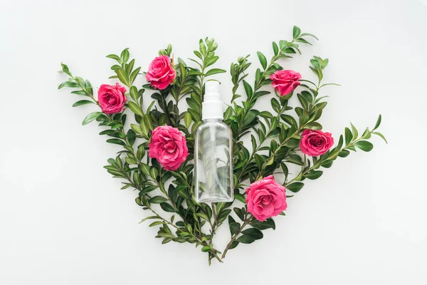 Top View Empty Spray Bottle Flowers Composition White Background — Stock Photo, Image