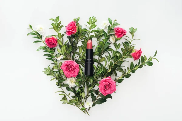 Top View Lipstick Flowers Composition White Background — Stock Photo, Image