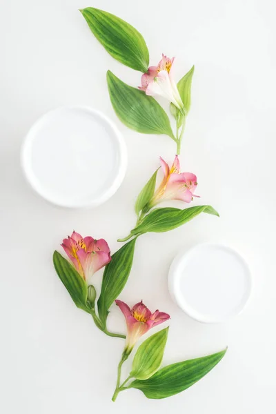 Top View Composition Pink Alstroemeria Flowers Green Leaves Beauty Cream — Stock Photo, Image