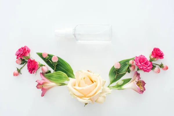 Top View Composition Alstroemeria Roses Berries Empty Spray Bottle White — Stock Photo, Image