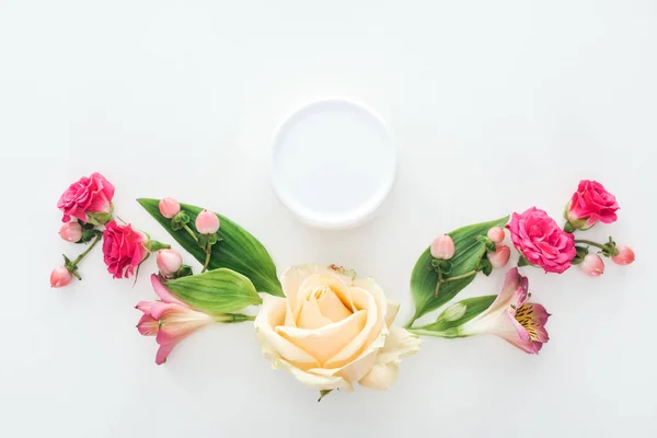 Top View Composition Alstroemeria Roses Berries Beauty Cream Bottle White — Stock Photo, Image