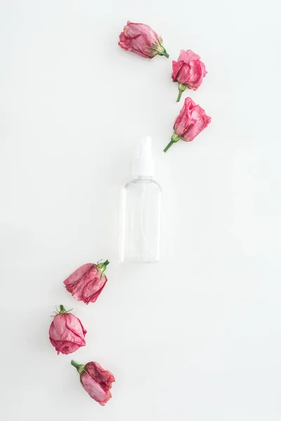 Top View Pink Buds Empty Spray Bottle White Background — Stock Photo, Image