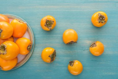 top view of orange whole persimmons on white plate and on blue background clipart