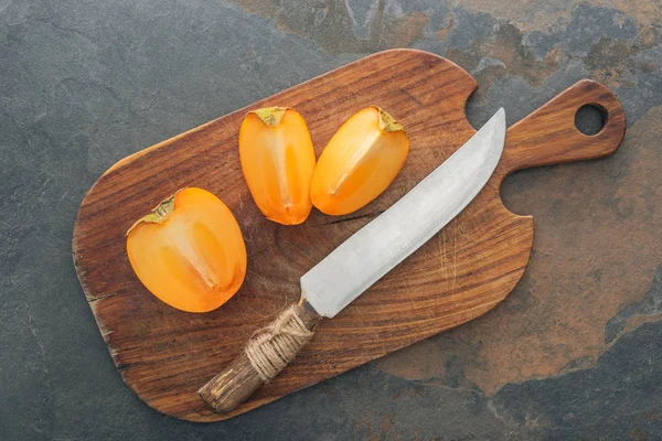 Cut Ripe Tasty Persimmons Cutting Board Knife — Stock Photo, Image