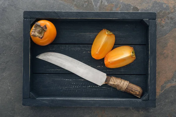 Top View Cut Whole Persimmons Box Knife — Stock Photo, Image