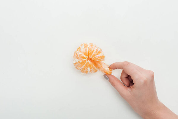 cropped view of woman holding tangerine slice on white background