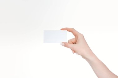 cropped view of woman holding empty card isolated on white clipart