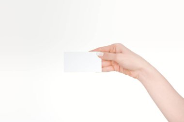 cropped view of woman holding blank card isolated on white clipart