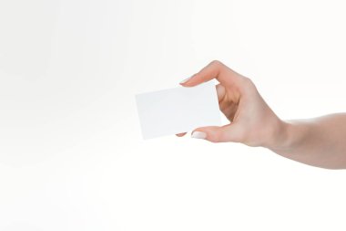 cropped view of woman holding blank and empty card isolated on white clipart