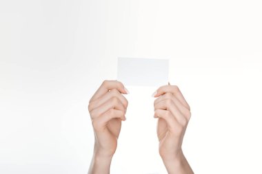 cropped view of woman holding blank card isolated on white clipart