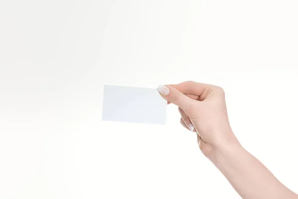 Partial View Woman Holding Empty Card Isolated White — Stock Photo, Image