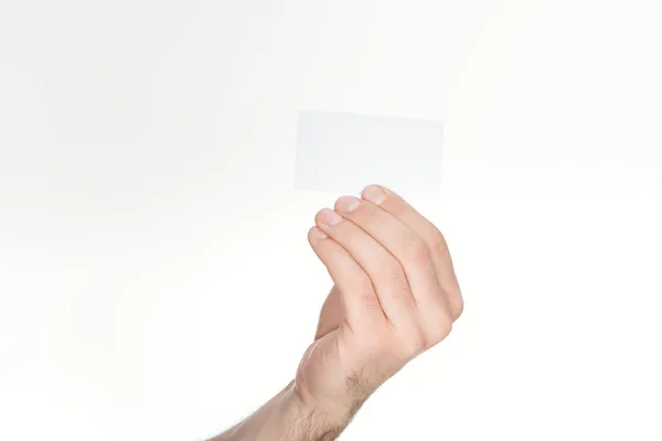 Обрізаний Вид Людини Тримає Порожню Картку Ізольовано Білому — стокове фото