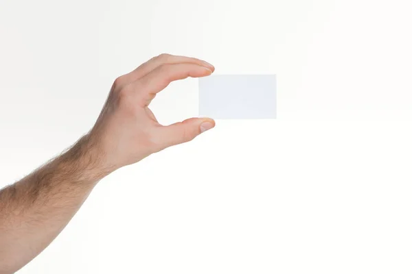 Częściowy Widok Mężczyzny Trzymającego Pustą Kartę Białym Tle — Zdjęcie stockowe