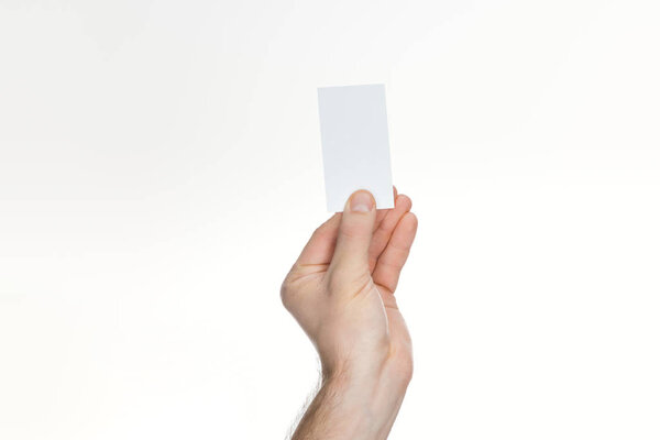 partial view of man holding blank and empty card on white background with copy space
