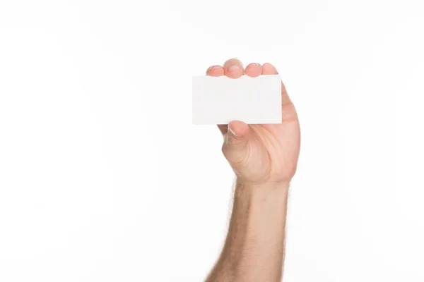 Visão Parcial Homem Segurando Cartão Branco Vazio Com Espaço Cópia — Fotografia de Stock