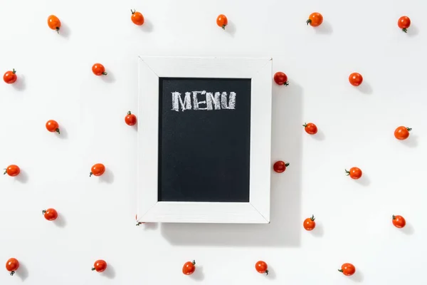 Top View Chalk Board Menu Lettering Cherry Tomatoes — Stock Photo, Image