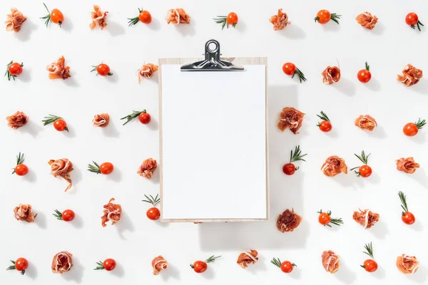 Top View Clipboard Cherry Tomatoes Leaves Prosciutto — Stock Photo, Image