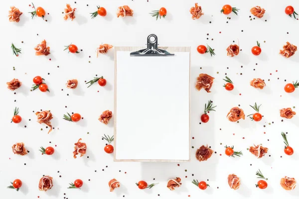 Top View Blank Clipboard Cherry Tomatoes Leaves Spices Prosciutto — Stock Photo, Image