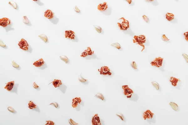 Top View Prosciutto Garlic Cloves White Background — Stock Photo, Image