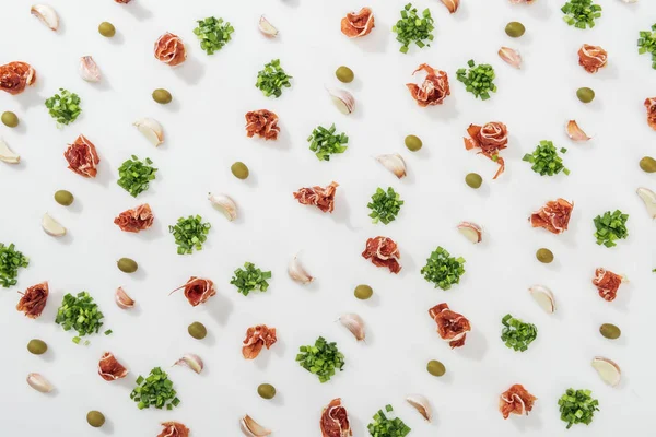 Top View Prosciutto Olives Garlic Cloves Greenery — Stock Photo, Image