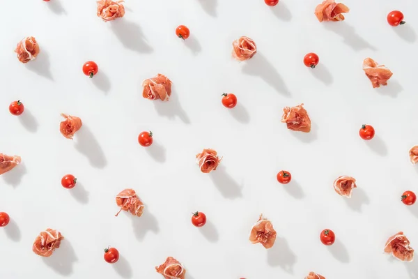 Top View Tasty Prosciutto Red Cherry Tomatoes White Background — Stock Photo, Image