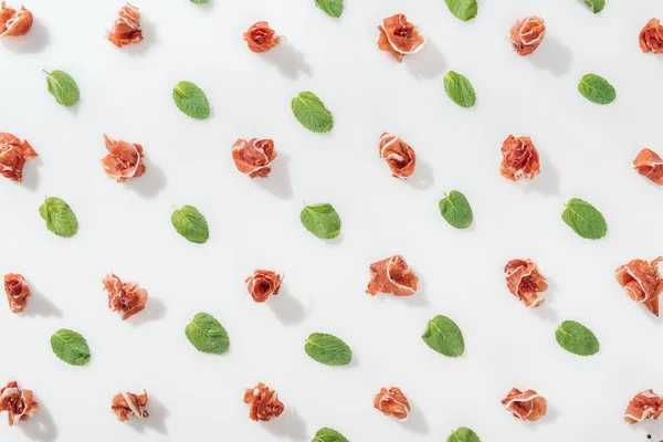 Top View Delicious Prosciutto Green Basil Leaves White Background — Stock Photo, Image