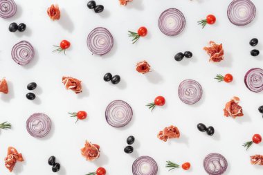 flat lay of red onion rings near tasty prosciutto, cherry tomatoes, rosemary twigs and black olives on white background clipart