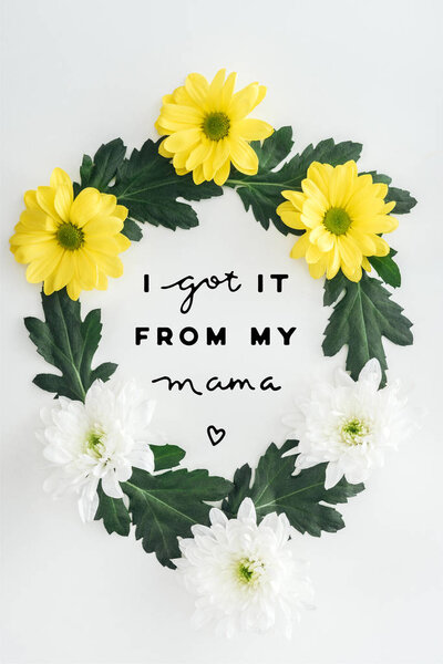 top view of wreath with white and yellow daisies and green leaves on white background with i got it from my mama lettering