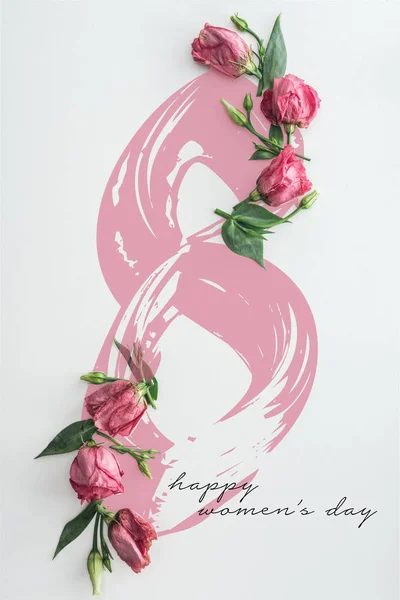 Top View Pink Roses White Background Happy Womens Day Lettering — Stok Foto