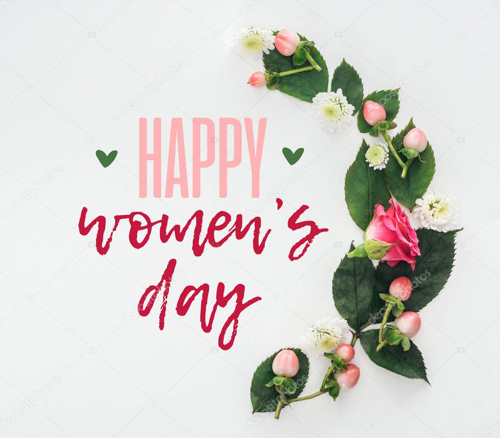 top view of composition with green leaves, rose and chrysanthemums on white background with happy womens day illustration