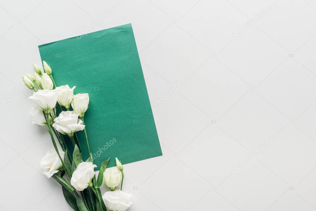 top view of empty green envelope with eustoma on grey background
