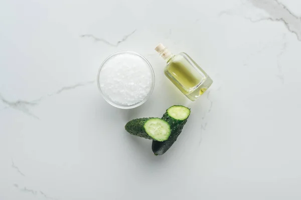 Top View Bowl Salt Halves Cucumber Bottle Cucumber Juice White — Stock Photo, Image