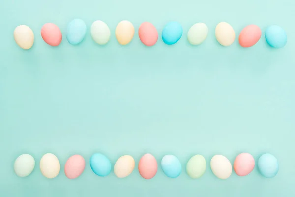 Top View Traditional Pastel Easter Eggs Rows Isolated Blue — Stock Photo, Image