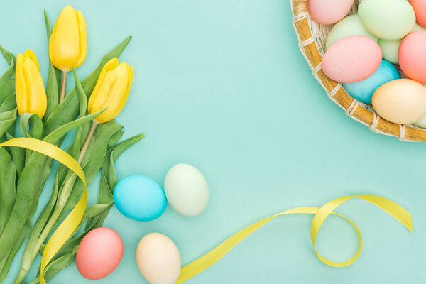 top view of yellow tulips with ribbon and easter eggs in wicker plate isolated on blue 