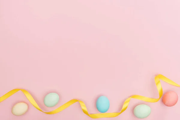 Top View Ribbon Pastel Easter Eggs Isolated Pink — Stock Photo, Image