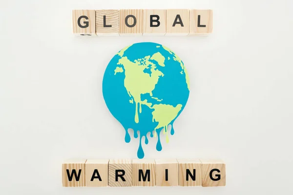 Paper Cut Melting Earth Global Warming Lettering Wooden Cubes Grey — Stock Photo, Image