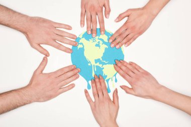 partial view of women and men putting hands on paper cut melting globe on white background, global warming concept clipart