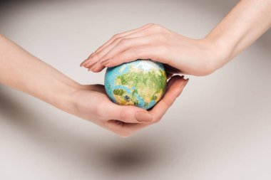 partial view of woman holding earth model on white background, global warming concept clipart