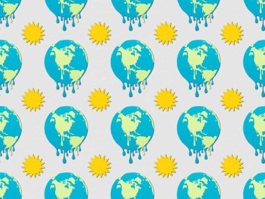 pattern with melting earth and sun signs on grey background, global warming concept clipart