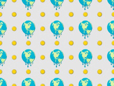 pattern with melting globes and sun signs on grey background, global warming concept clipart