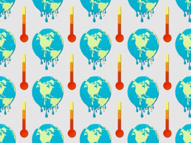 pattern with signs of melting globes and thermometers on grey background, global warming concept clipart