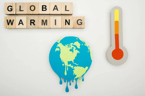 Paper Cut Melting Earth Wooden Cubes Global Warming Lettering Thermometer — Stock Photo, Image
