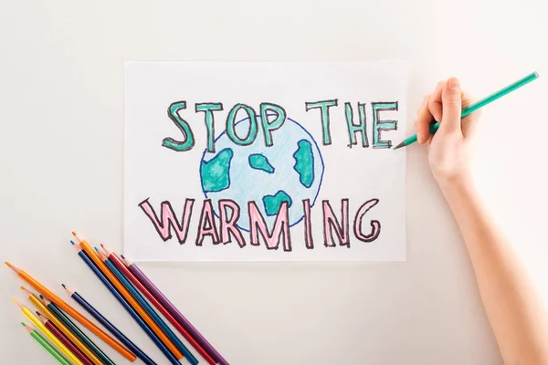 Partial View Woman Writing Stop Warming Card Globe Sign Multicolored — Stock Photo, Image
