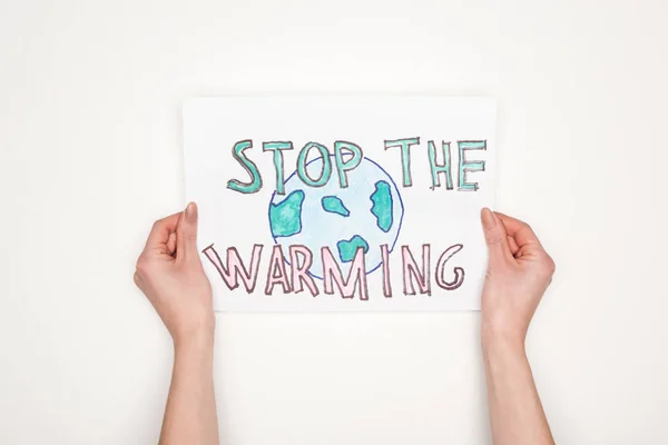 Partial View Woman Holding Card Melting Globe Sign Stop Warming — Stock Photo, Image