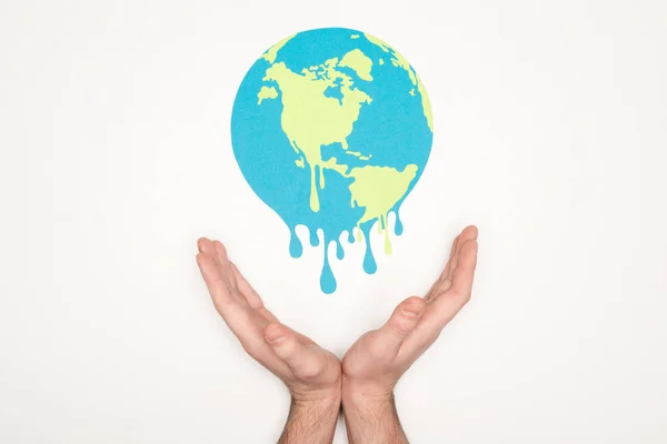 Cropped View Male Hands Paper Cut Melting Earth White Background — Stock Photo, Image