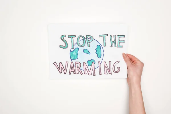 Cropped View Woman Holding Card Melting Globe Sign Stop Warming — Stock Photo, Image