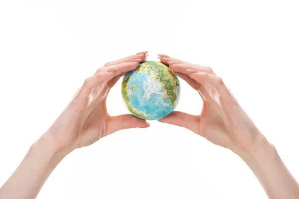 Cropped View Female Hands Earth Model Isolated White Global Warming — Stock Photo, Image