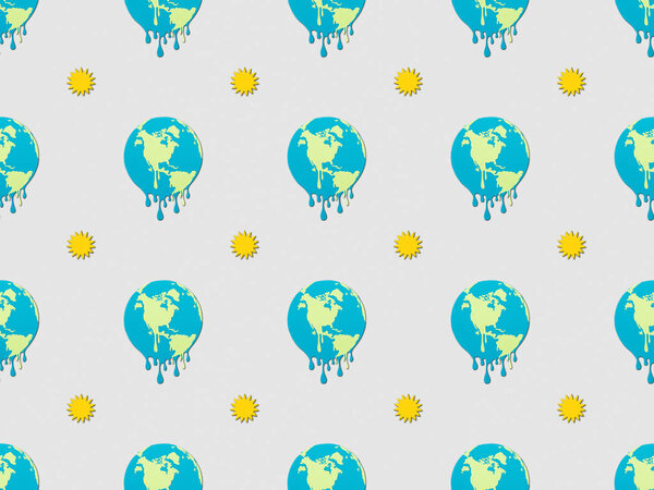 pattern with melting globes and sun signs on grey background, global warming concept