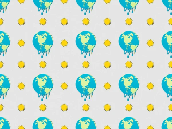 Pattern Melting Globes Sun Signs Grey Background Global Warming Concept — Stock Photo, Image